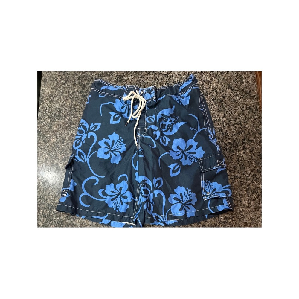 Merona Mens Blue Hibiscus‎ Floral Swim Trunks Cargo Pocket Board Shorts Large